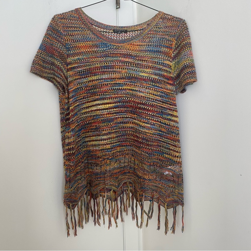 Rainbow Boho Festival Crochet Top Shirt Fringe Scalloped Hem Maximalist Small